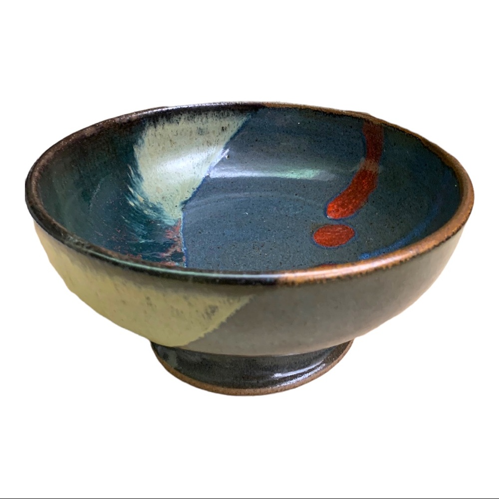 Artisan Hand-thrown Heavy Pedestal Pottery Bowl Drip Blue Green Dish
